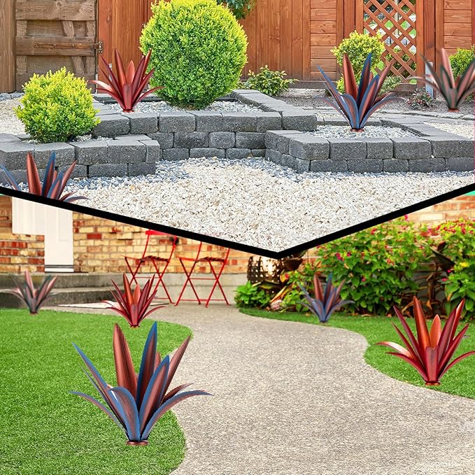Large Tequila Rustic Sculpture, Rustic Metal Agave Plants for Outdoor Patio Yard Mexican Plant Garden， Agave Outdoor Lawn Ornaments Yard Stakes (Green 2pc)