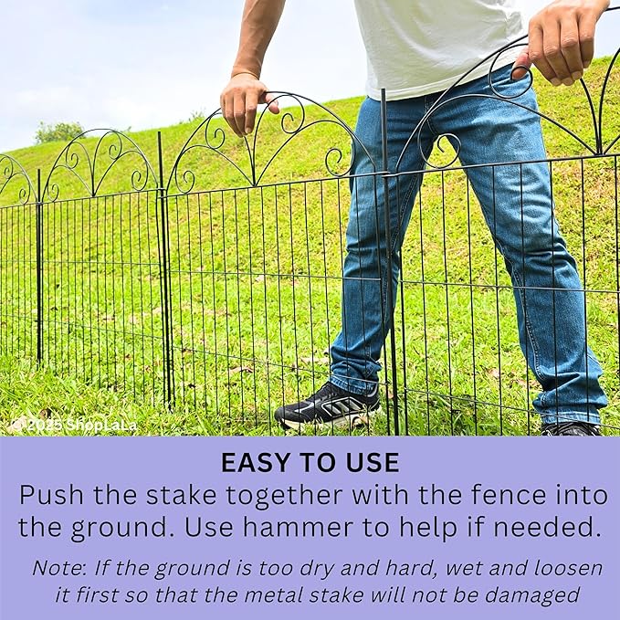 ShopLaLa Outdoor Garden Fence (10 Panels) 28in(L) x 32in(H) Animal Barrier Fencing Rustproof Black Metal Wire Flower Edging for Yard Landscape, Small Dog Decorative Fences No Dig Porch Decor D-YB32