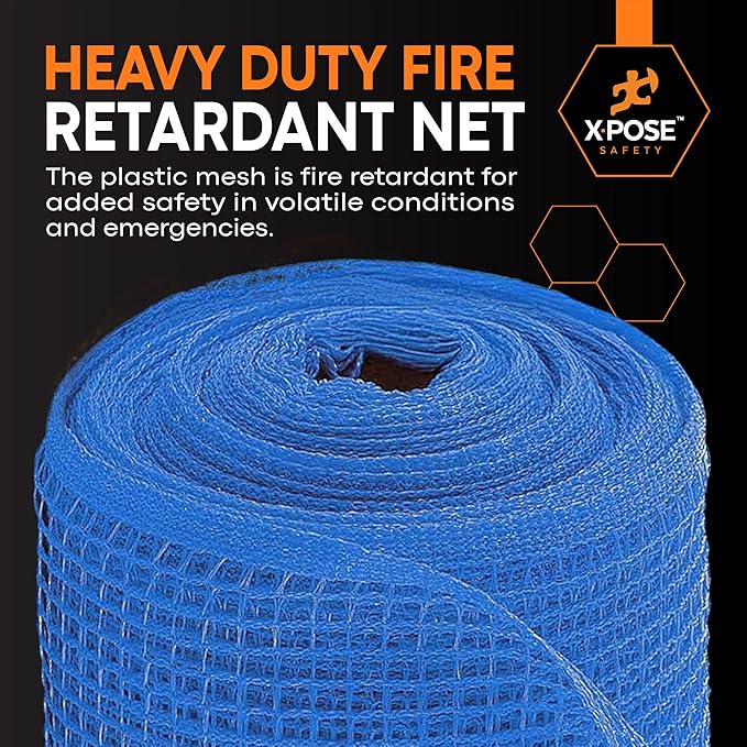 Xpose Safety Construction Safety Debris Netting - 150 Ft Temporary Material Roll, 1/4" Mesh Scaffold Net Enclosure, Visibility Barrier, Fencing Roll, Heavy Duty Fire Retardant 4 ft x 150 ft, Blue