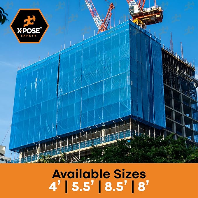 Xpose Safety Construction Safety Debris Netting - 150 Ft Temporary Material Roll, 1/4" Mesh Scaffold Net Enclosure, Visibility Barrier, Fencing Roll, Heavy Duty Fire Retardant 4 ft x 150 ft, Blue