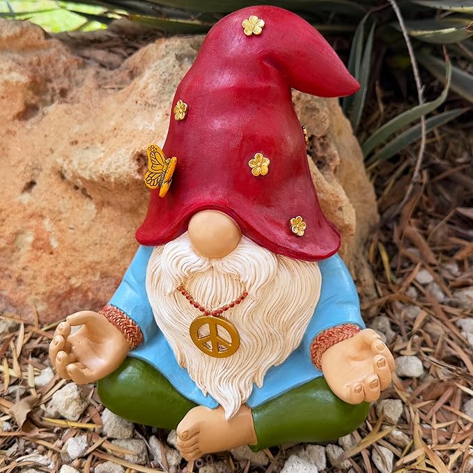 Mood Lab Garden Gnome - Funny Zen Hippie Gnome Figurine - 9.1 Inch Tall Lawn Statue - for Outdoor or House Decor