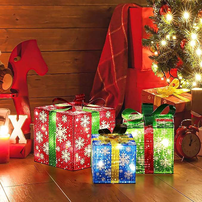 LuxenHome Set of 3 Lighted Gift Boxes, Plug-in Colorful Boxes with Ribbon Bow for Xmas Holiday Display, Lawn, Porch, Under Tree Indoor, Outdoor Christmas Decoration.