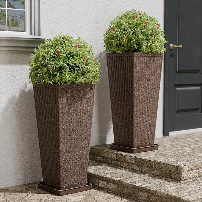 Tapered Tall Planters for Outdoor Plants 2 Pack- 23.6 Inch Heavy-Duty Classic Square Indoor Flower Pots with Drainage Holes/Partition/Tray, Large Outdoor Planters for Porch Patio, Brown