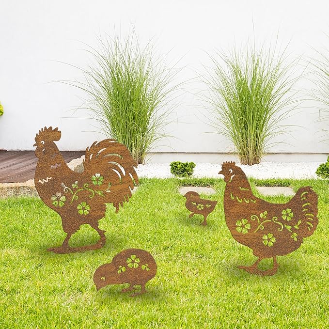 Metal Chicken Garden Decor Outdoor, Chicken Gifts for Women/Men/Chicken Lovers Gifts,Black Chicken Silhouette Statues Garden Decor for Outdoor Decor,Yard Art,Backyard,Patio,Lawn Ornaments (Gold)