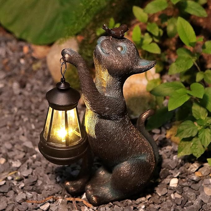 Outdoor Cat Statues Solar Garden Decor : Cat Figurine with Bird Decor,Unique Garden Art for Porch Patio Balcony Yard Lawn Ornaments - Birthday Housewarming Gifts for Grandma Mom Women
