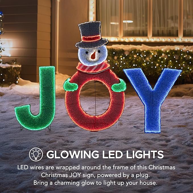 SUNJOY 4 FT Large Christmas Lighted Joyous Snowman, 2D Tinsel Santa Joy Display Set Outdoor Garden Yard Lawn Festive Holiday Decoration with Lights for Indoor & Outdoor