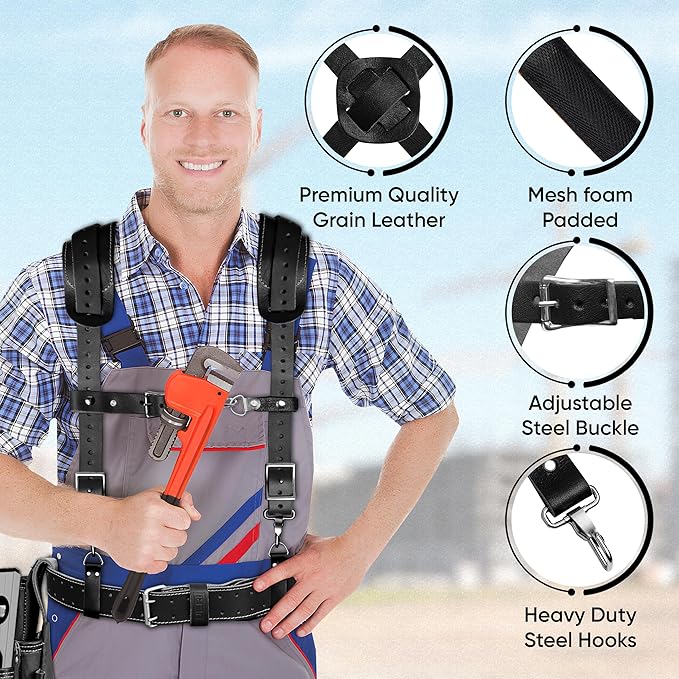 FUERI 16 Pocket Leather Tool Belt with Padded Suspender for Carpenters, Construction, Electricians, Framers Rig Pouches Holder Organizer Set