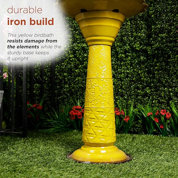 Alpine Corporation ORS112YL Vintage Metal Pedestal Birdbath with Stand, Shallow Bird Bath Bowl for Outside, 28" H, Yellow