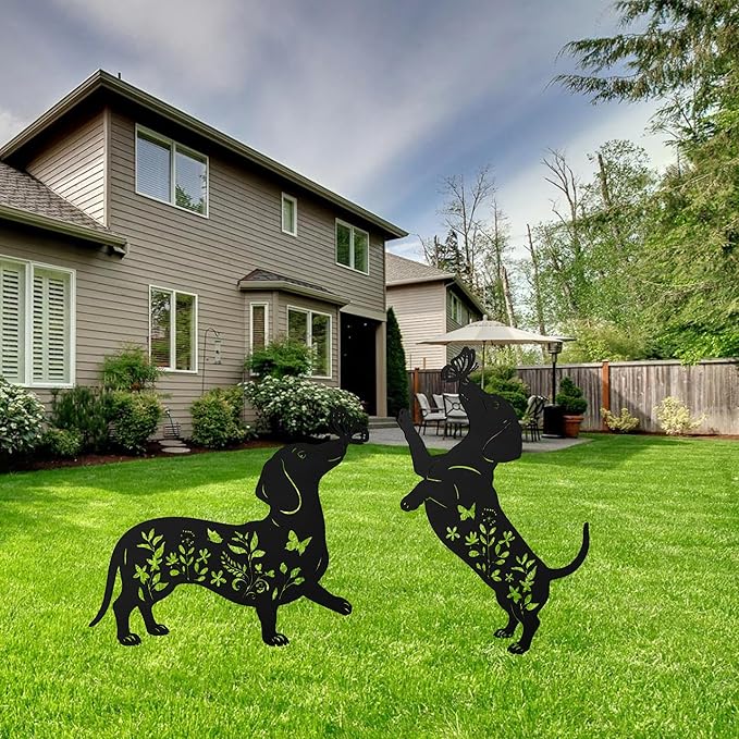 Dachshund Decorative Garden Stakes, 2 Pcs Dachshund Gifts for Women Men Metal Garden Stakes, Dog Butterfly Floral Silhouette Outdoor Yard Art Lawn Decor