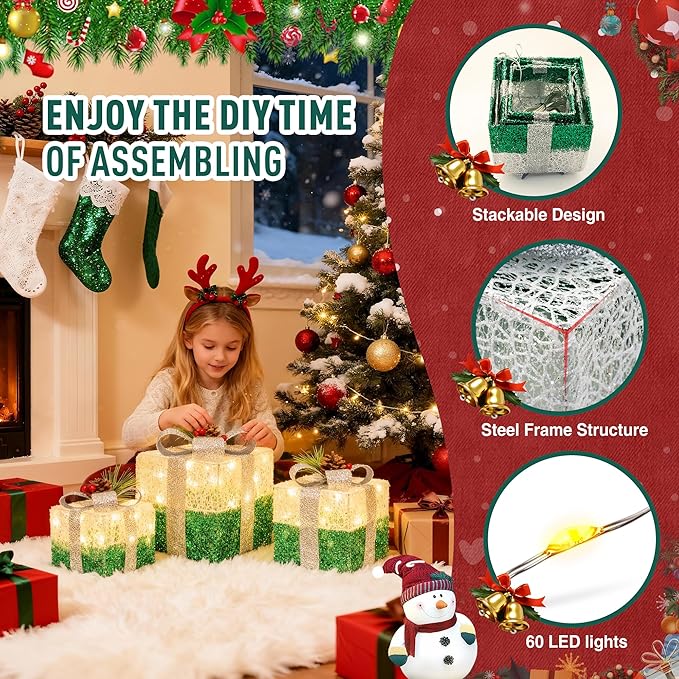 Set of 3 Christmas Lighted Gift Boxes,Outdoor Indoor Christmas Decorations,Plug-in 65 LED Light Up Present Boxes for Christmas Trees Indoor Outdoor Home Yard Lawn Holiday Birthday Party Decor