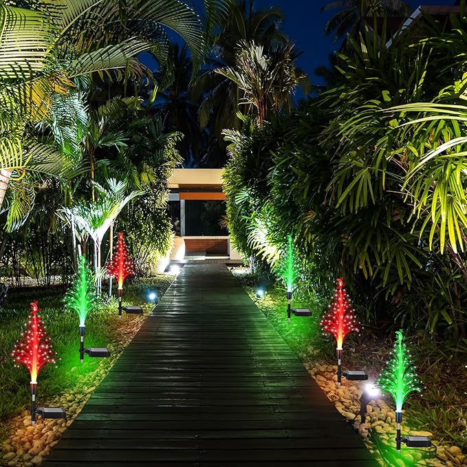 Baquler 2 Pcs Solar Christmas Tree Garden Stake Lights Outdoor Christmas Tree Lighted Yard Decorations Multicolor LED Solar Stakes for Pathway Lawn Patio Xmas Ornament (Moon Star)