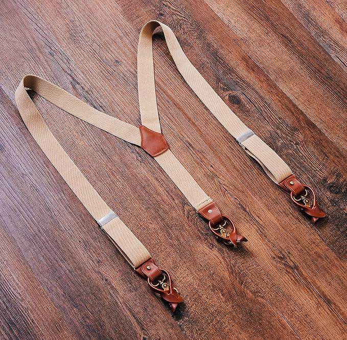UPSONG Mens Suspenders，Brown Leather Button Tab and Clip Braces Heavy Duty Suspender Wedding Suspenders for Groom Groomsmen
