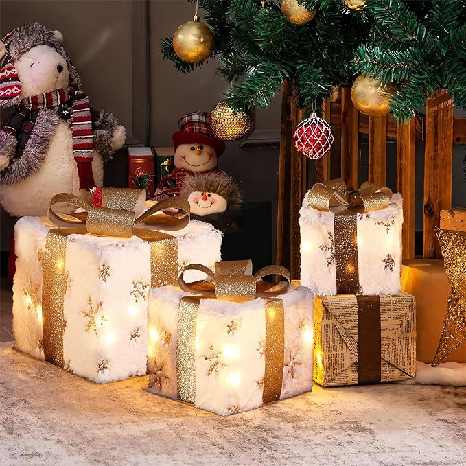 LuxenHome Set of 3 Lighted Gift Boxes, Battery Operated Plush Fabric with Gold Ribbon Bow Boxes for Xmas, Lawn, Porch, Under Tree Indoor, Outdoor Christmas Decorations
