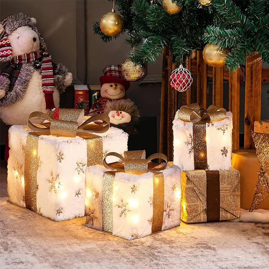 LuxenHome Set of 3 Lighted Gift Boxes, Battery Operated Plush Fabric with Gold Ribbon Bow Boxes for Xmas, Lawn, Porch, Under Tree Indoor, Outdoor Christmas Decorations