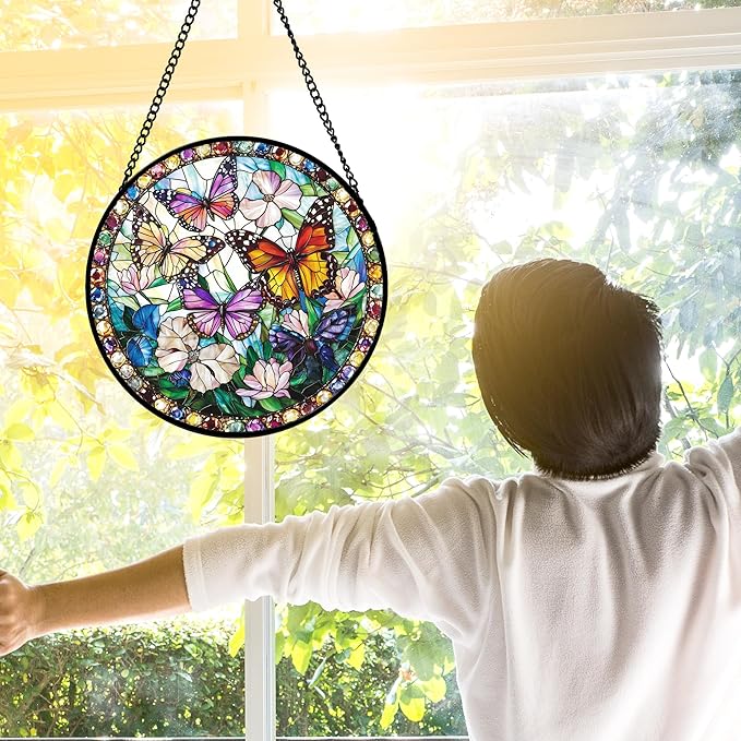 Stained Glass Window Hanging, Colorful Butterfly Suncatcher for Doors Home Sun Catchers Decoration and Christmas, Mother's Day Birthday Gifts for Women, Men, and Mom 6.3 in