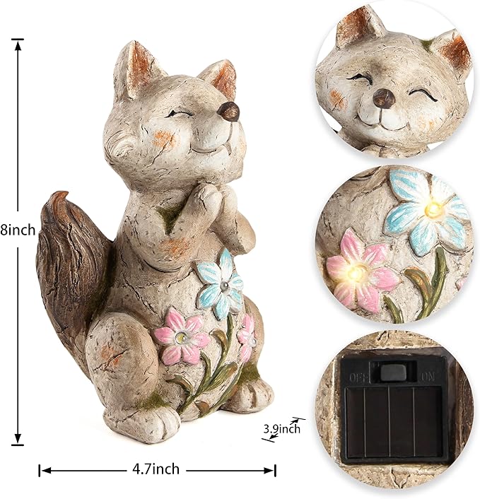 Fox Statue for Garden Decor, Garden Statue with Solar Power Light for Outdoor Patio Porch Lawn Yard Backyard Oudside Indoor Shelf Decoration,Praying Fox Sculptures & Statues Woman