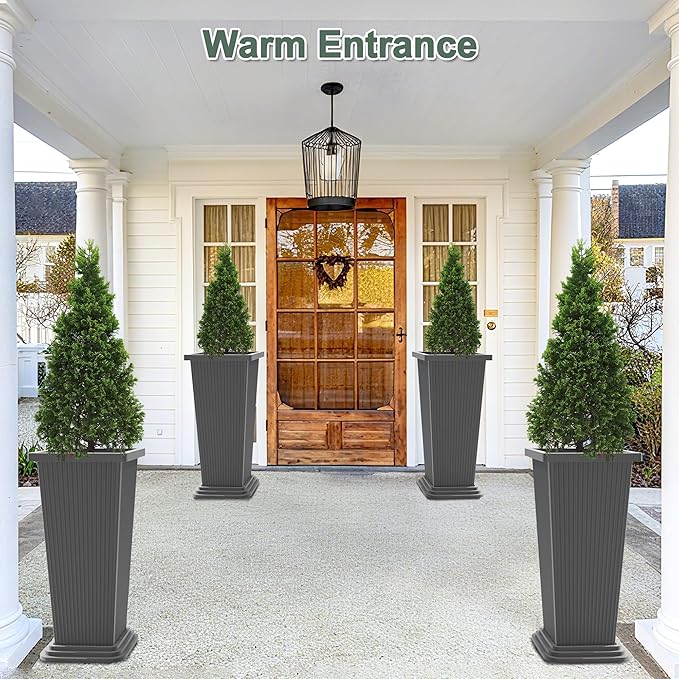 Set of 2 Tall Planters with Drainage Tray, 24 Inch Large Flower Pots for Indoor Outdoor Plants Mordern Planter Weather-Resistant for Patio, Front Door Decor, Garden (Gray Ribbed)