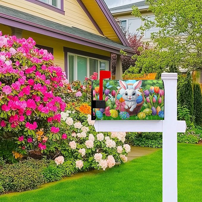 Easter Mailbox Covers Magnetic Rabbit Mailbox Cover Spring Colorful Tulips Post Letter Box Cover Outdoor Garden Holiday Decoration 21x18 in Eggs