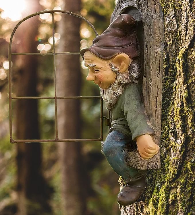 Teaeeno 12-inch Elf Out The Door Tree Hugger, Whimsical Old for Man Resin Statue with Foliage Features, Large Outdoor Tree Hugger for Yard Art, Trees Decorations Outdoor Wallmounted Statue