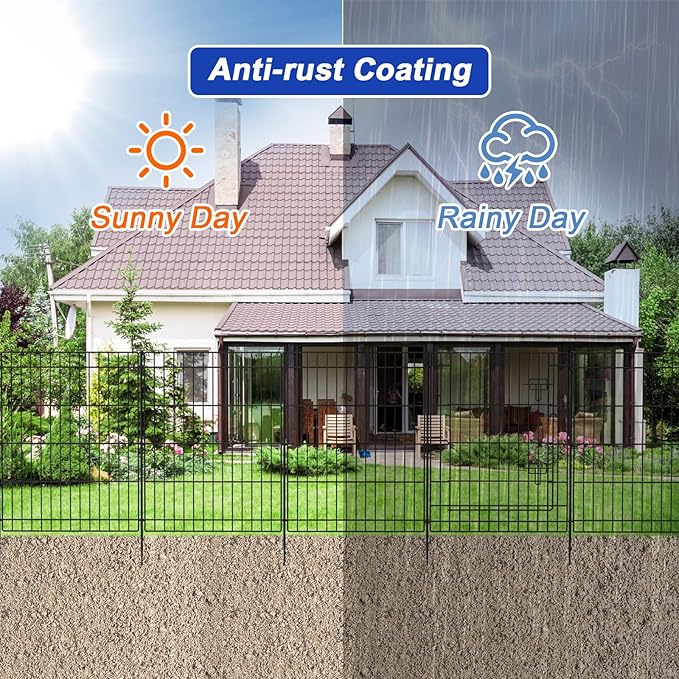INJOPEXI Decorative Metal Garden Fence 6 Panels 11.8ft (L)×30in (H) Garden Fence Outdoor 5 Fence Panels + 1 Gate Rustproof Wire No Dig Temporary Garden Fencing Animal Barrier Fencing for Yard Patio