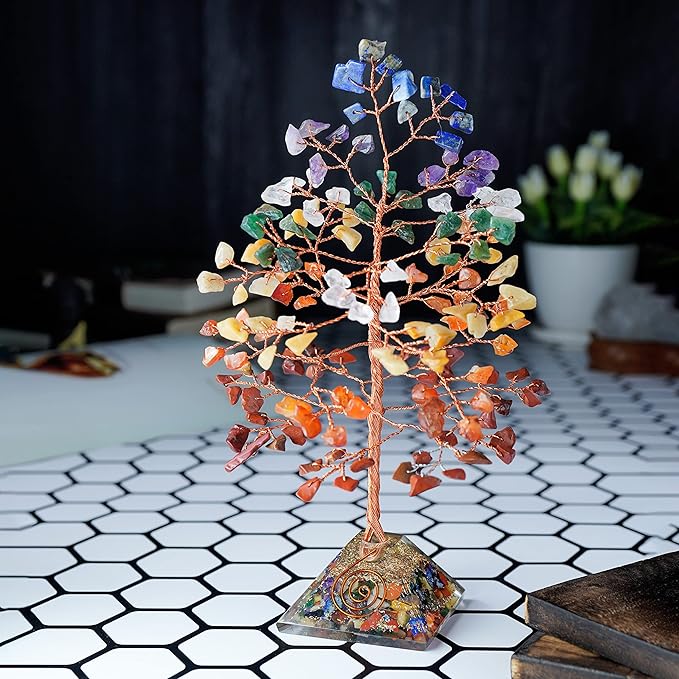 7 Chakra Crystal Tree with Orgone Pyramid Base Spiritual Desk Decor Healing Crystals Bonsai Tree Gifts for Women Office & Shelf Home Room Decor for Mom Sister Girlfriend Present Housewarming