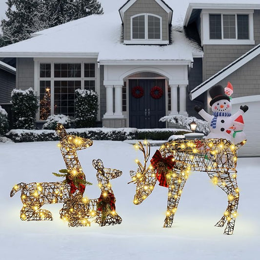 LuxenHome 3PCs Reindeer Christmas Decoration, Lighted Rattan Reindeer Family with 110 LED Lights & Red Bows, Indoor & Outdoor Lighted Christmas Decorations Outdoor for Lawn, Porch, Yard Display