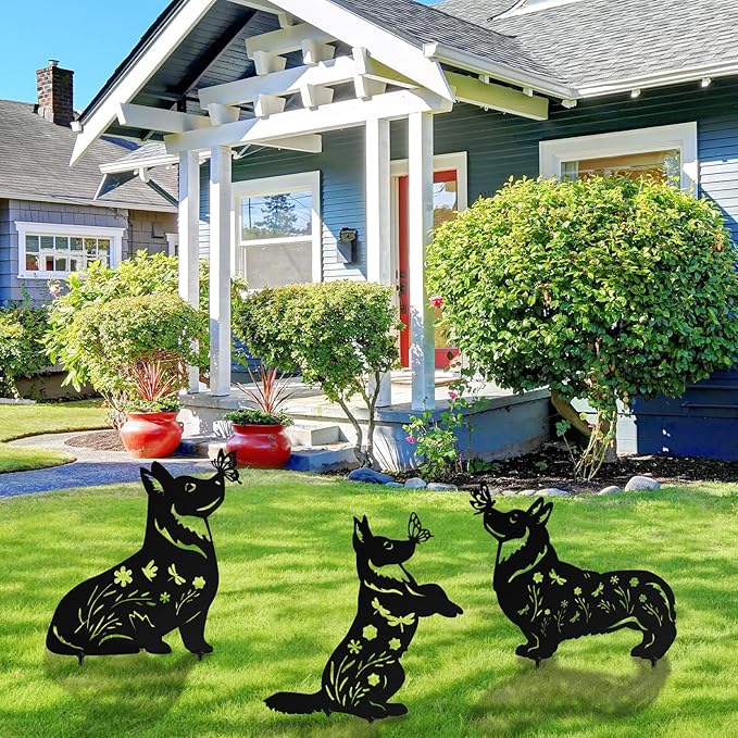 3 Pcs Metal Dog Garden Decor for Outside 12" Puppy Garden Stake Black Silhouette Statues Outdoor Decoration for Animal Lovers Gifts Women Men Patio Lawn Lawn Yard Art(Corgi)