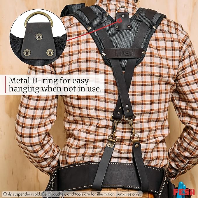 FESA Leather Tool Belt Suspenders for Men with Breathable Mesh Padding, Front Pockets & 4 Loops for Attachment to Work Belts