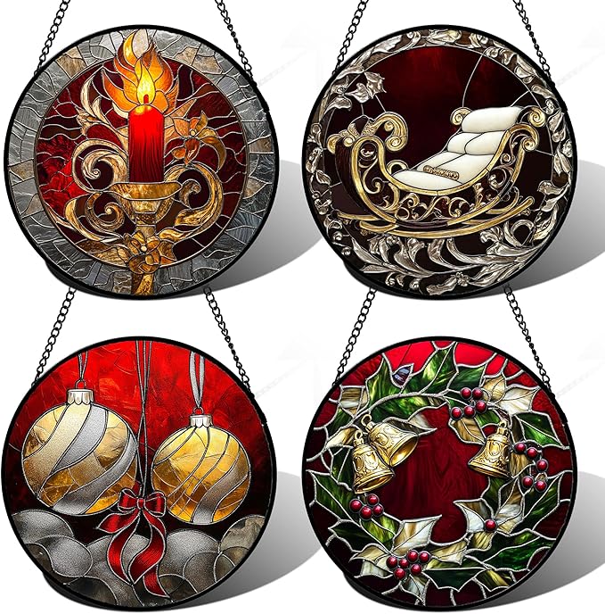 Stained Glass Window Hanging 4 Pcs Set Christmas Golden Bell Sleigh Large 11.8" - Suncatcher Door Garden Sun Catcher Decor Birthday Mother's Day Xmas Gifts for Mom Woman Nana Men Parents