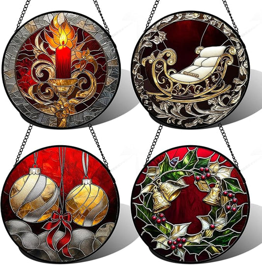 Stained Glass Window Hanging 4 Pcs Set Christmas Golden Bell Sleigh 7.8" - Suncatcher Door Garden Sun Catcher Decor Birthday Mother's Day Xmas Gifts for Mom Woman Nana Men Parents