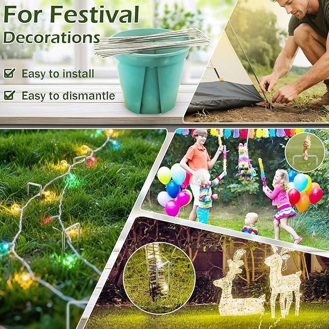 Qiang Ni Garden Stakes Adjustable-Width: 6 Inch U-Shaped Landscape Staples 11 Gauge - Hot-dip Galvanized Steel Outdoor Decoration Anchors SOD Pins for Yard Tent Fence Ground Stakes - 100 Pack