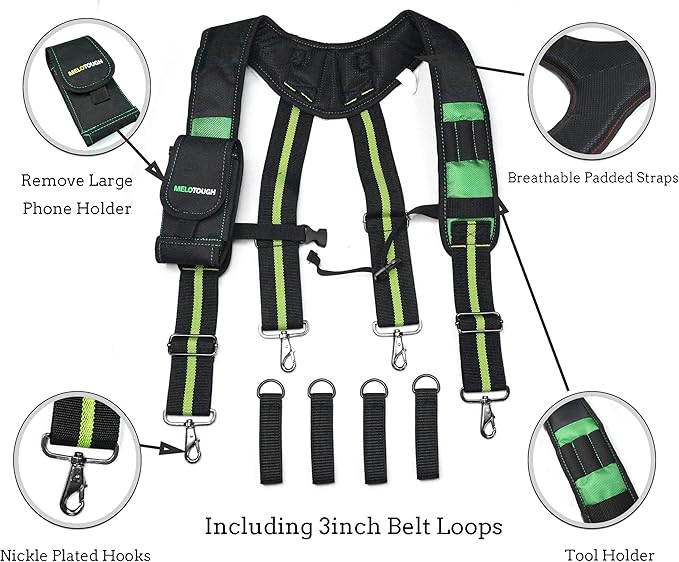 MELOTOUGH Tool Belt Suspenders Construction Work Suspenders with detachable phone holder comfortable foam shoulder padder (Oliver Green)