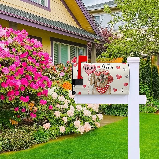 Valentine Mailbox Covers Magnetic Pink Love Heart Mailbox Cover Standard Size 21x18 Inch Golden Retriever Decorative Mailboxes for Outside Garden Yard