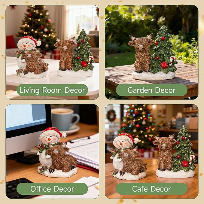Christmas Highland Cow Figurines Decor, 2 PCS Small Christmas Cows with Snowman/Tree, Hanging Ornaments Xmas Resin Statue for Garden Bathroom Kitchen Home Table Decorations