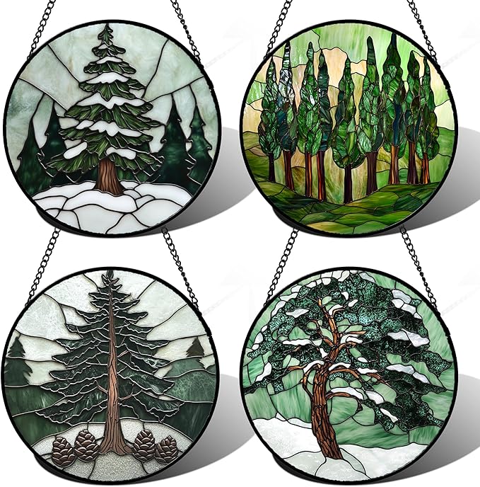 Stained Glass Window Hanging 4 Pcs Set Forest Green Trees Winter Snow 6.3" - Suncatcher Door Garden Sun Catcher Home Decor Birthday Mother's Day for Woman Nana Mom Men