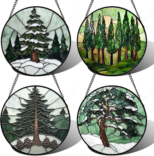 Stained Glass Window Hanging 4 Pcs Set Forest Green Trees Winter Snow Large 11.8" - Suncatcher Door Garden Sun Catcher Home Decor Birthday Mother's Day for Woman Nana Mom Men