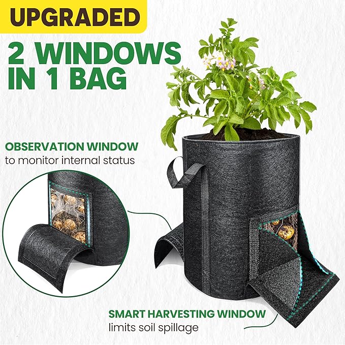 [Upgraded] 2 Pcs 20-Gallon Potato Grow Bags with Unique Harvest Window, Visible Window, Garden Planting Bag with Reinforced Handle, Nonwoven Fabric Pots for Tomato, Potato Growing Container - Black