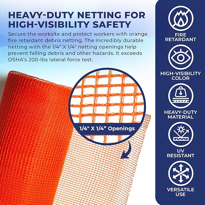 Tarps Now 4' x 150' Orange Safety Netting Roll - Heavy Duty Fire Retardant Safety Nets with 1/4" Openings for Security & Construction Debris Netting, Temporary Mesh Fence, Job Site Net Enclosure