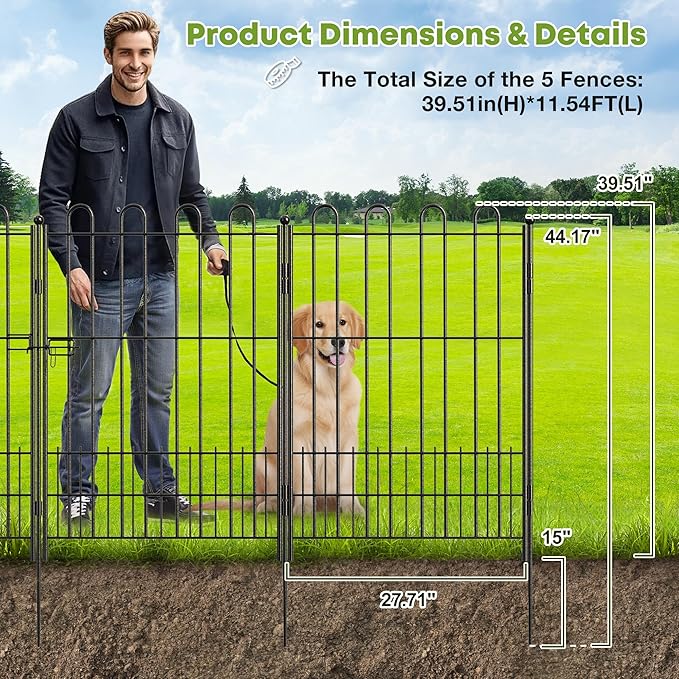 5 Panels Dog Fence Outdoor for Yard, 39.51in (H) x 11.54ft (L) Dog Fence for Garden