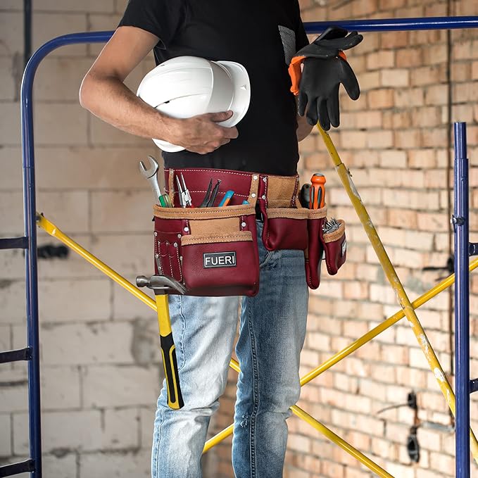 FUERI 11 Pocket Leather Tool Belt fot Men, Comess with Dual hammer holster Organizer for Carpenter, Construction, Electrician