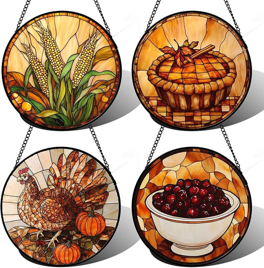 Stained Glass Window Hanging 4 Pcs Set Brown Turkey Berry Corn Large 11.8" - Suncatcher Door Garden Sun Catcher Decor Birthday Thanksgiving Mother's Day for Mom Woman Nana Men