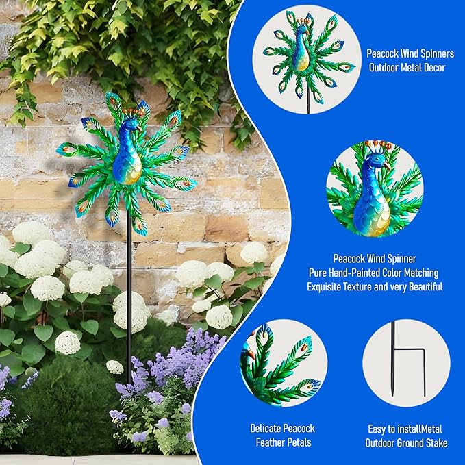 Outdoor Wind Spinner, 37" Metal Peacock Wind Spinner, Peacock Sculpture Garden Wind Spinners for Garden Yard Patio Decoration