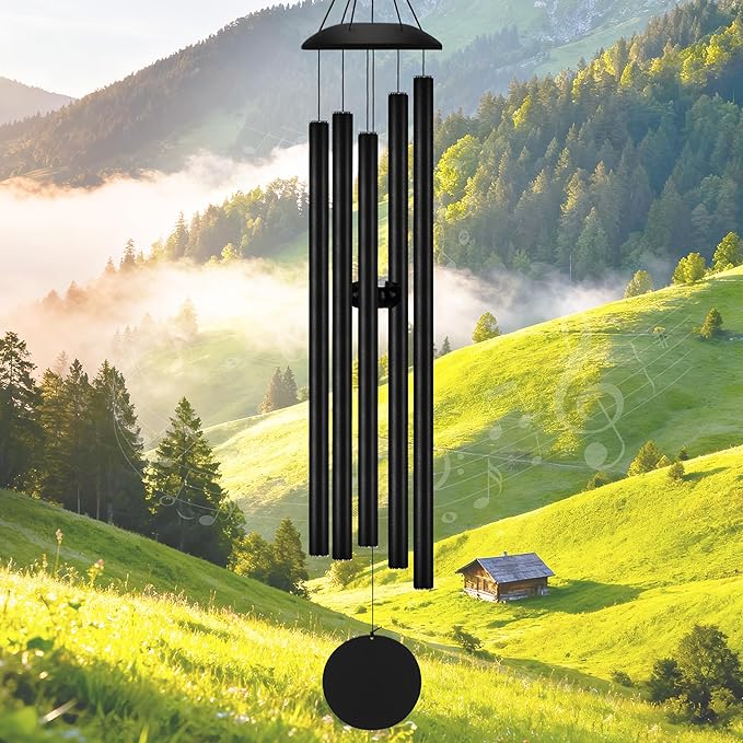 65" Extra Large Wind Chimes with Outside Deep Tone, 5 Thick and Bold Aluminum Tubes, Coolest Metal Windchimes Outdoors with Pine Wood Striker, Unique Gift for Mom, Garden Decoration(Black)