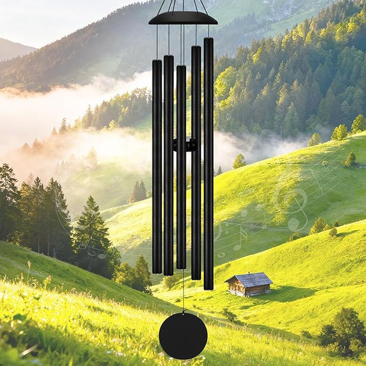 65" Extra Large Wind Chimes with Outside Deep Tone, 5 Thick and Bold Aluminum Tubes, Coolest Metal Windchimes Outdoors with Pine Wood Striker, Unique Gift for Mom, Garden Decoration(Black)