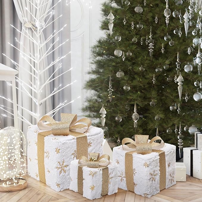 LuxenHome Set of 3 Lighted Gift Boxes, Battery Operated Plush Fabric with Gold Ribbon Bow Boxes for Xmas, Lawn, Porch, Under Tree Indoor, Outdoor Christmas Decorations