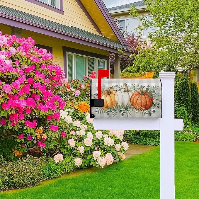 Pumpkin Mailbox Cover Harvest Fall Mailbox Covers Magnetic Standard Size 21x18 inch Green Eucalyptus Leaf Mail Box Covers Pumpkins Decorative Mailboxes for Outside Garden Buffalo Plaid
