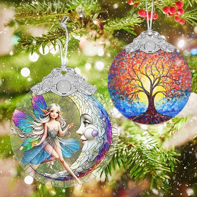 Moon and Fairy Christmas Ornament - Stained Glass Hanging Decor - Tree Decoration - Gifts for Women, Her, Mom