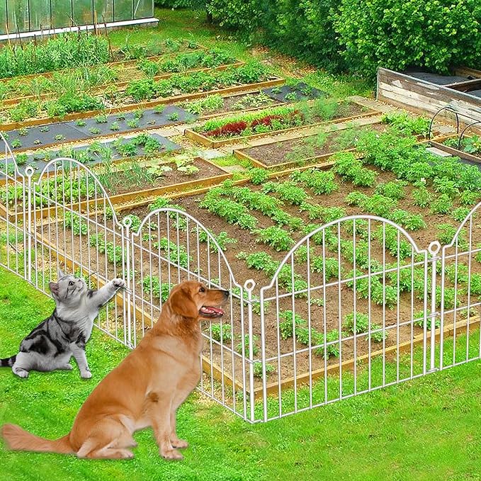 10 Panels No Dig Decorative Garden Fence for Yard, 24in (H) x 20ft (L) Rustproof Metal Wire Panel Border Animal Barrier Fencing for Dog, Rabbits, Flower Bed Edging Ornamental with Ground Stake, White