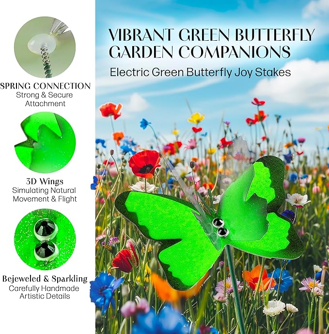 Handmade Green Butterfly Garden Stakes Set of 7 - Decorative Outdoor & Indoor Plant Decor - Nature Lover Gift Idea by Air Aquarium Kushner