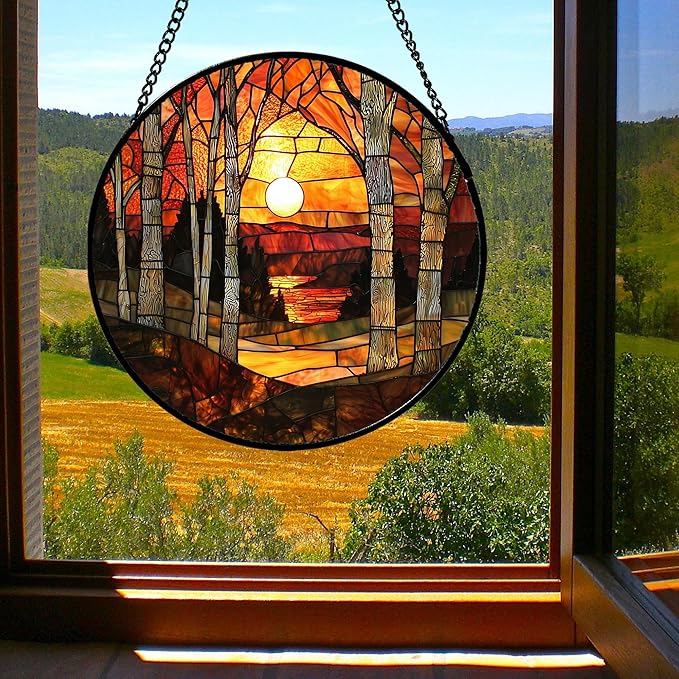 Stained Glass Window Hanging, Orange Red Landscape Forest Lake Moon Suncatcher for Doors Window Home Sun Catchers Decor Mother's Day Birthday Gifts for Women Men Mom 7.8 in